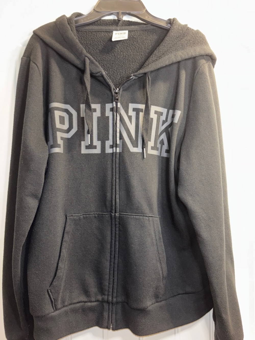 PINK Victoria's Secret Black Zip-Up Hoodie with Gray Logo